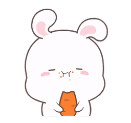 A fluffy white cartoon bunny, carrot snack
