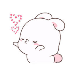 A fluffy white cartoon bunny, shy hearts